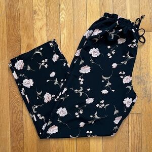 Vintage 90s Lightweight Flowy Soft Wide Leg Black Floral Pants Elastic Waist